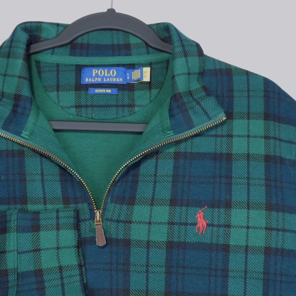 Polo Ralph Lauren Tartan Plaid Estate Rib Pullover Mens L Quarter Zip Preppy